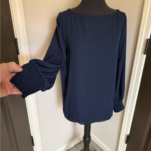 Ann Taylor Navy Blouse with Pleated Cuff Sleeves